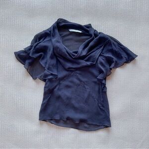 100% Silk Layered Ruffle Sheer Deep Purple Blouse